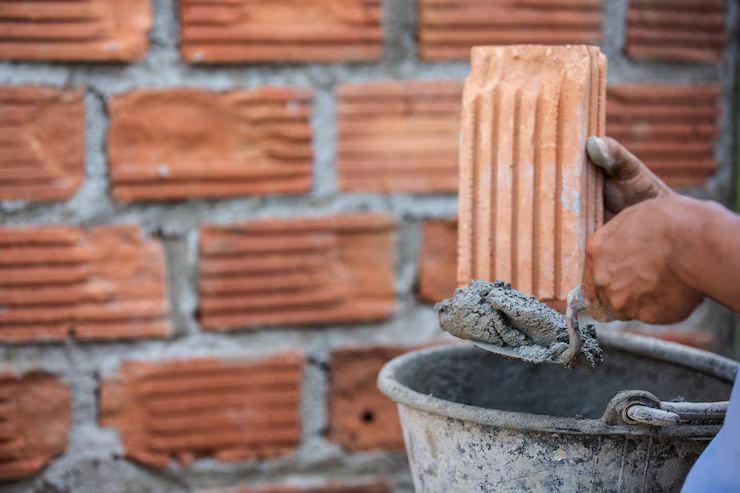 Trowel loading mortar beside a grooved brick and pail