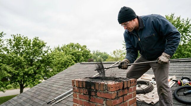 Technician brushing creosote from a rooftop flue