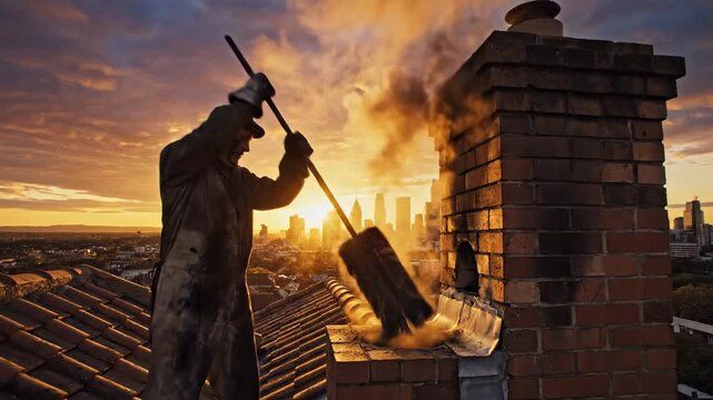 Chimney sweep brushing a brick stack against a winter sunset
