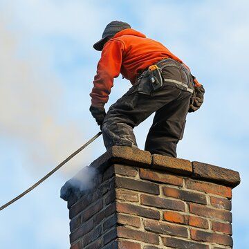 Technician working a line down a brick chimney from above